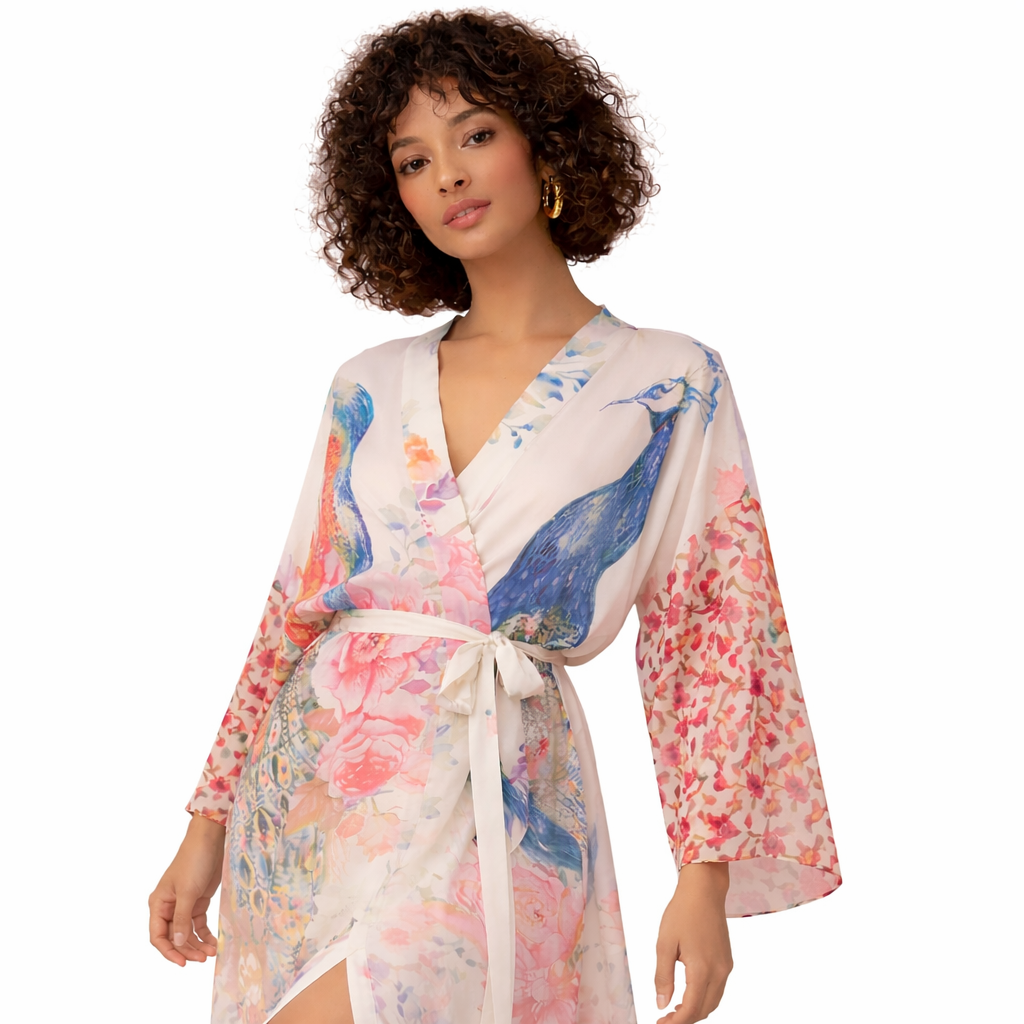 Kimono de Plage Femme Motif Paon – Élégance & Légèreté