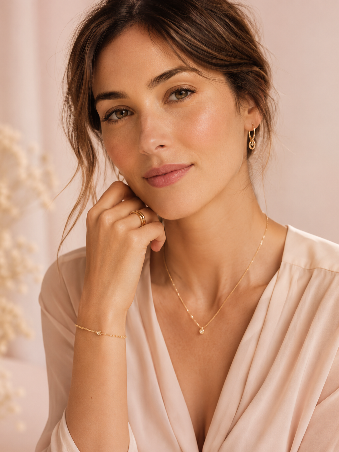 Femme portant des bijoux dorés Maison Liora